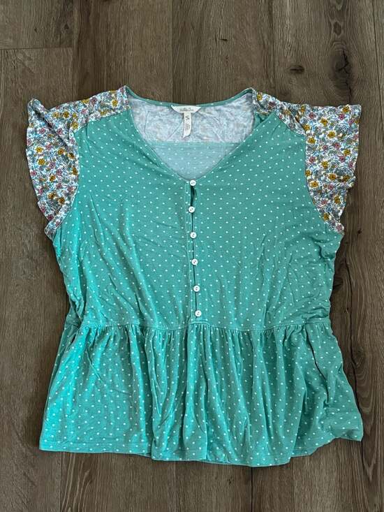 Matilda Jane Tops - Matilda Jane Teal Polka Dot Floral Flutter Sleeve Peplum Top XL